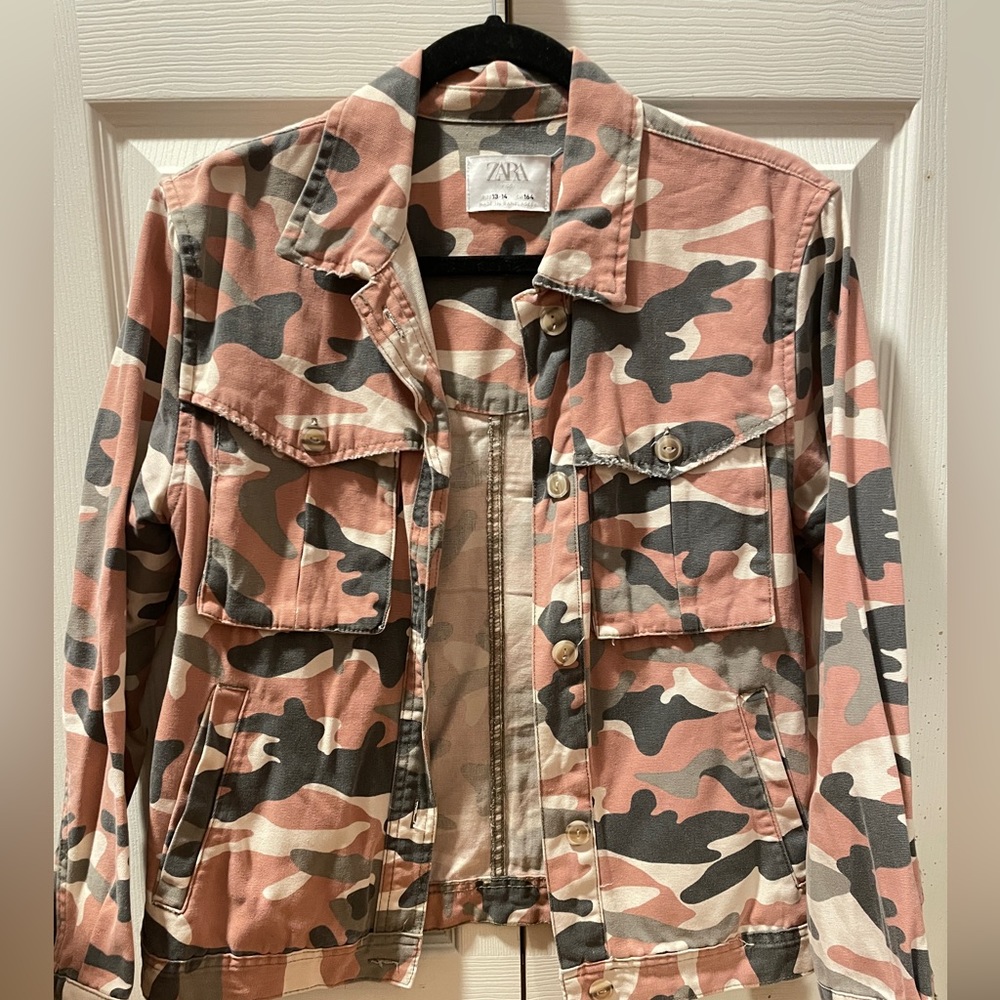 Zara Kids Pink Camouflage Denim Utility Jacket Size 13-14